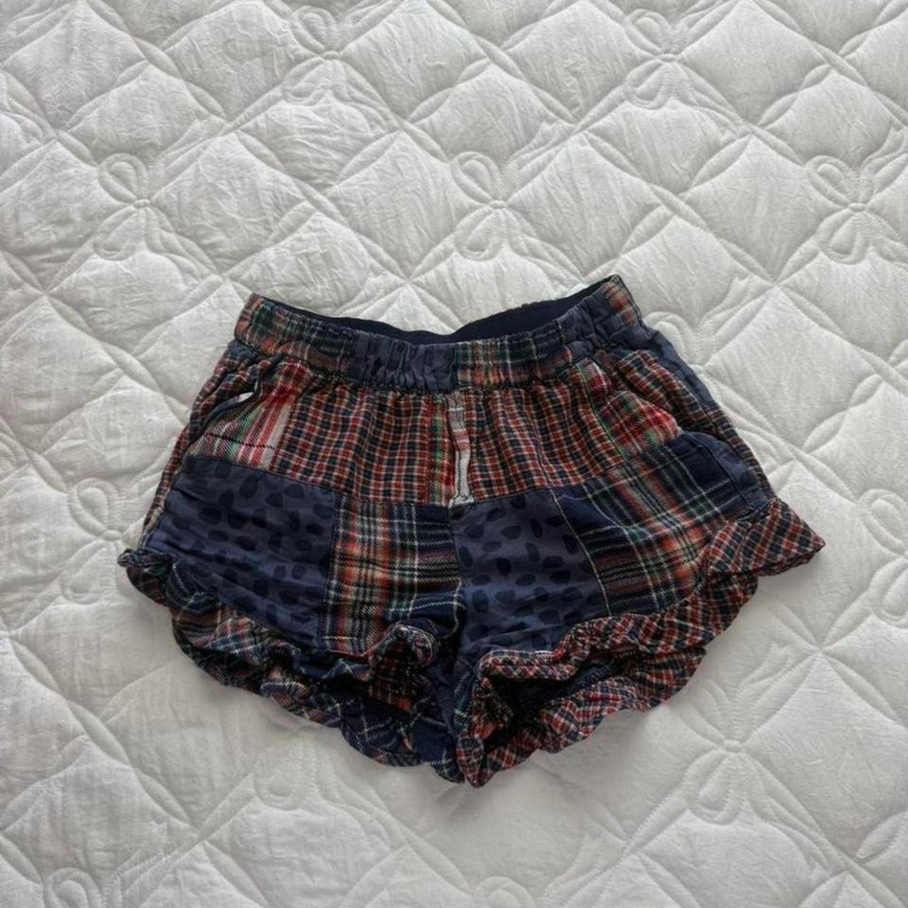 navy and red plaid pajama shorts with pockets